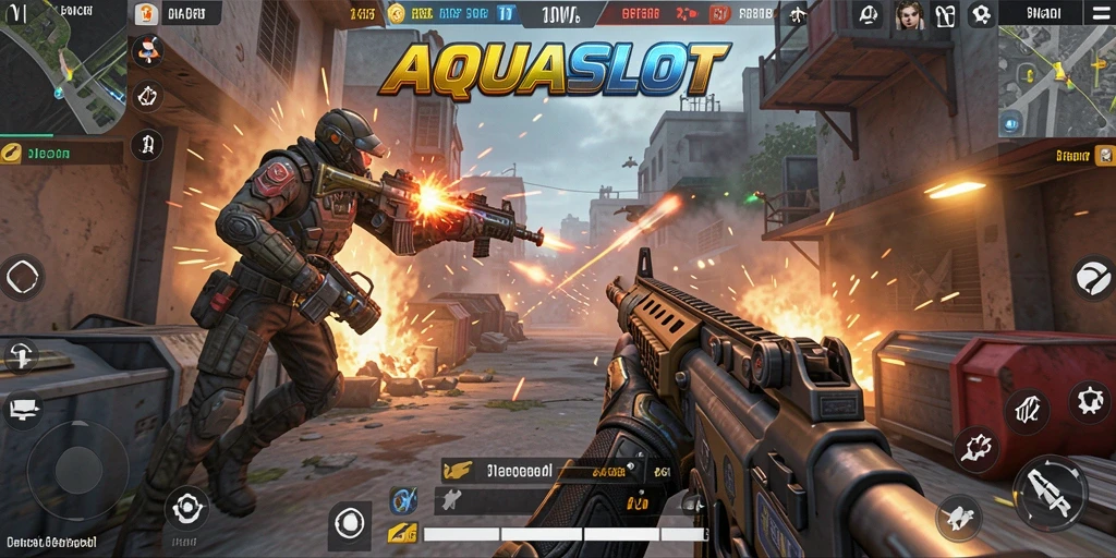 Tampilan gameplay mendebarkan dari AQUASLOT yang menampilkan aksi tembak-menembak.
