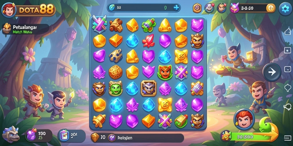 Tampilan gameplay DOTA88 dengan kombinasi permata berwarna-warni.