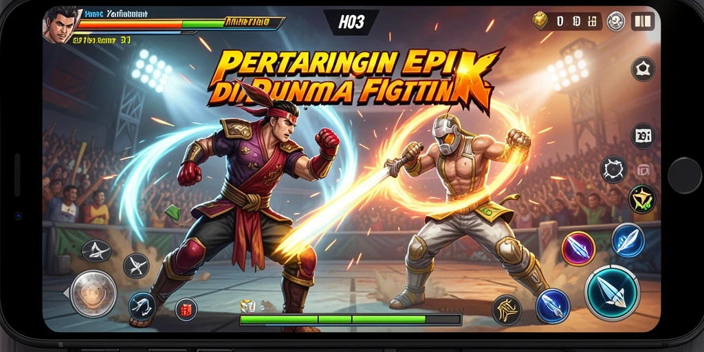 Screenshot menampilkan karakter bertarung dalam aksi seru di arena Fighting.