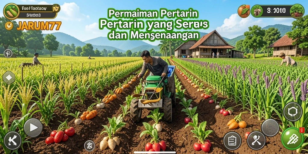 Gamplay JARUM77 menampilkan ladang subur penuh tanaman dan hewan ternak.