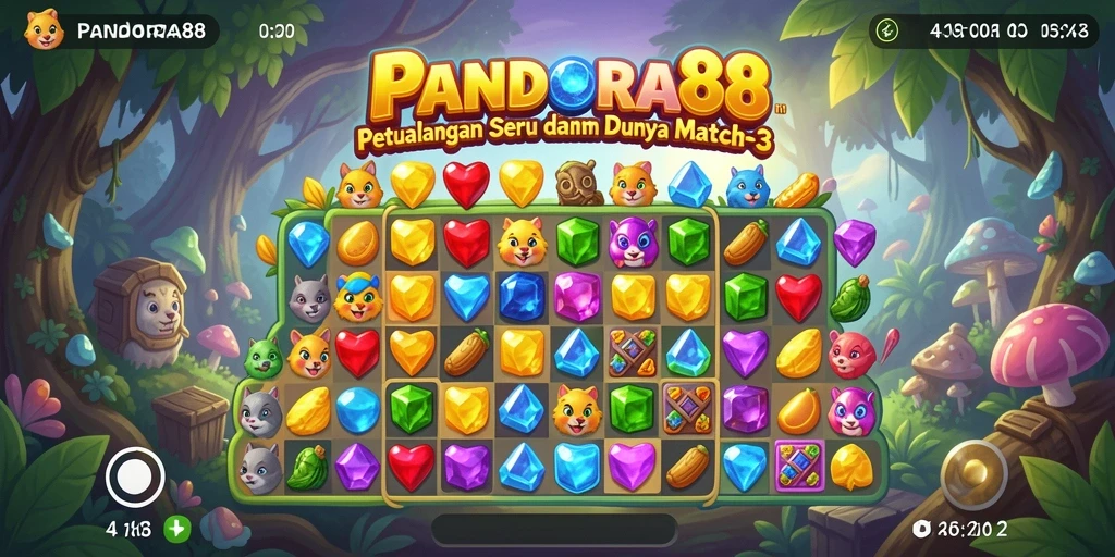 Tangkapan layar PANDORA88 menampilkan gameplay Match-3 yang seru dan penuh warna.