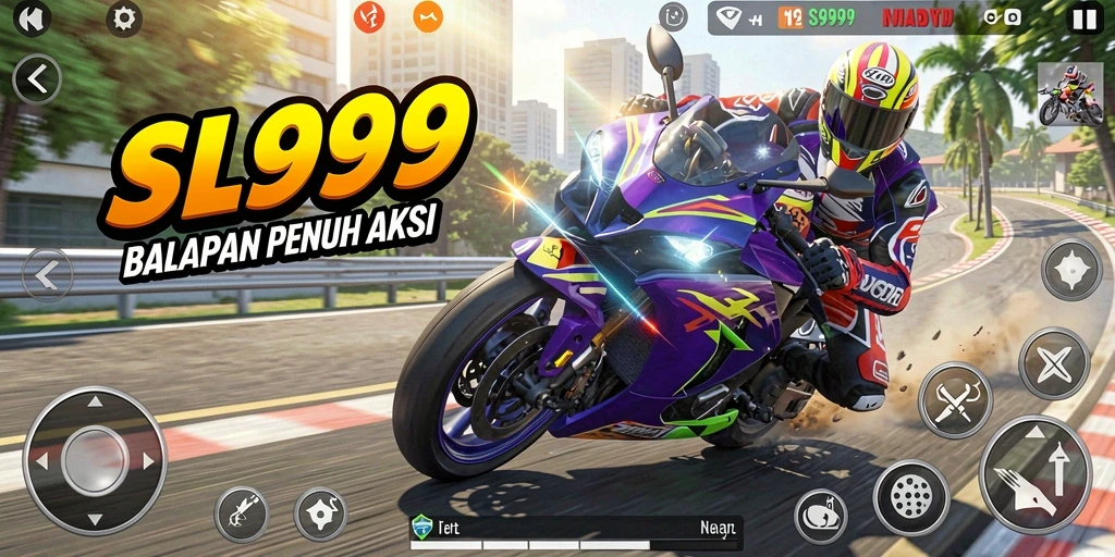 Screenshot gameplay SL999 menampilkan aksi balapan motor yang mendebarkan.