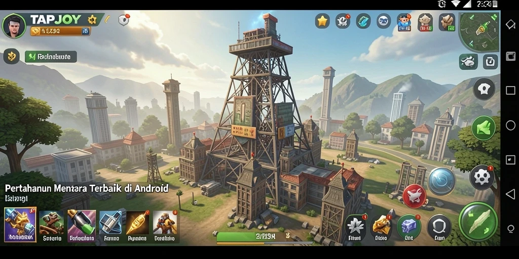 Tampilan gameplay TAPJOY dalam pertahanan menara yang intens.