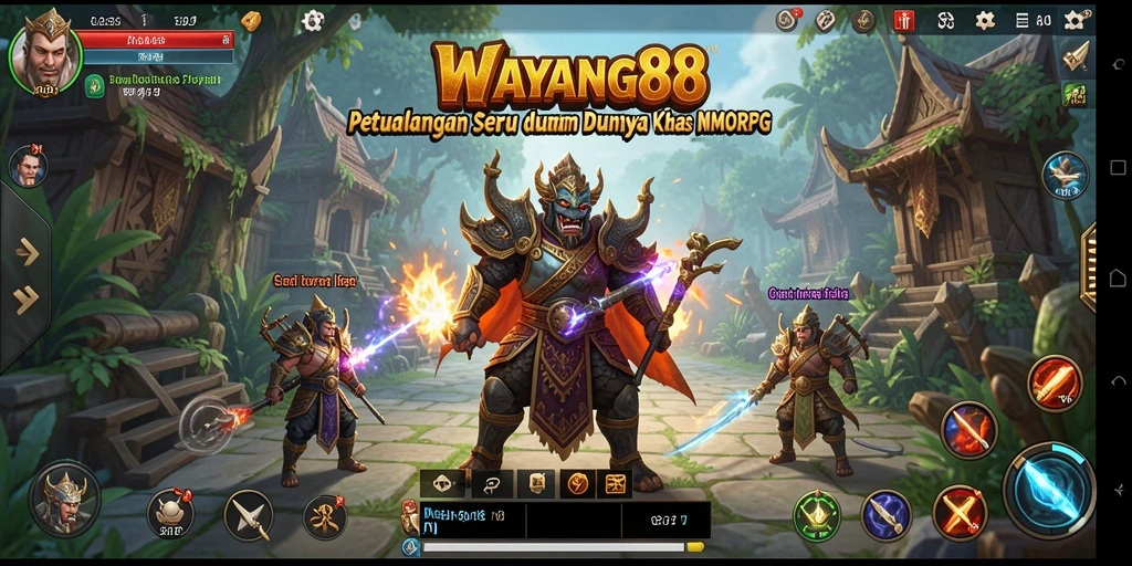 Tangkapan layar gameplay WAYANG88 yang menggambarkan pertarungan epik dan interaksi karakter.